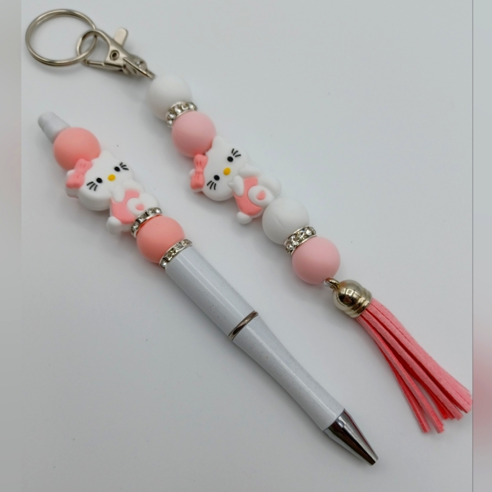 Hand Crafted Fidget Keychain and Matching Pen Gift Set Hello Kitty